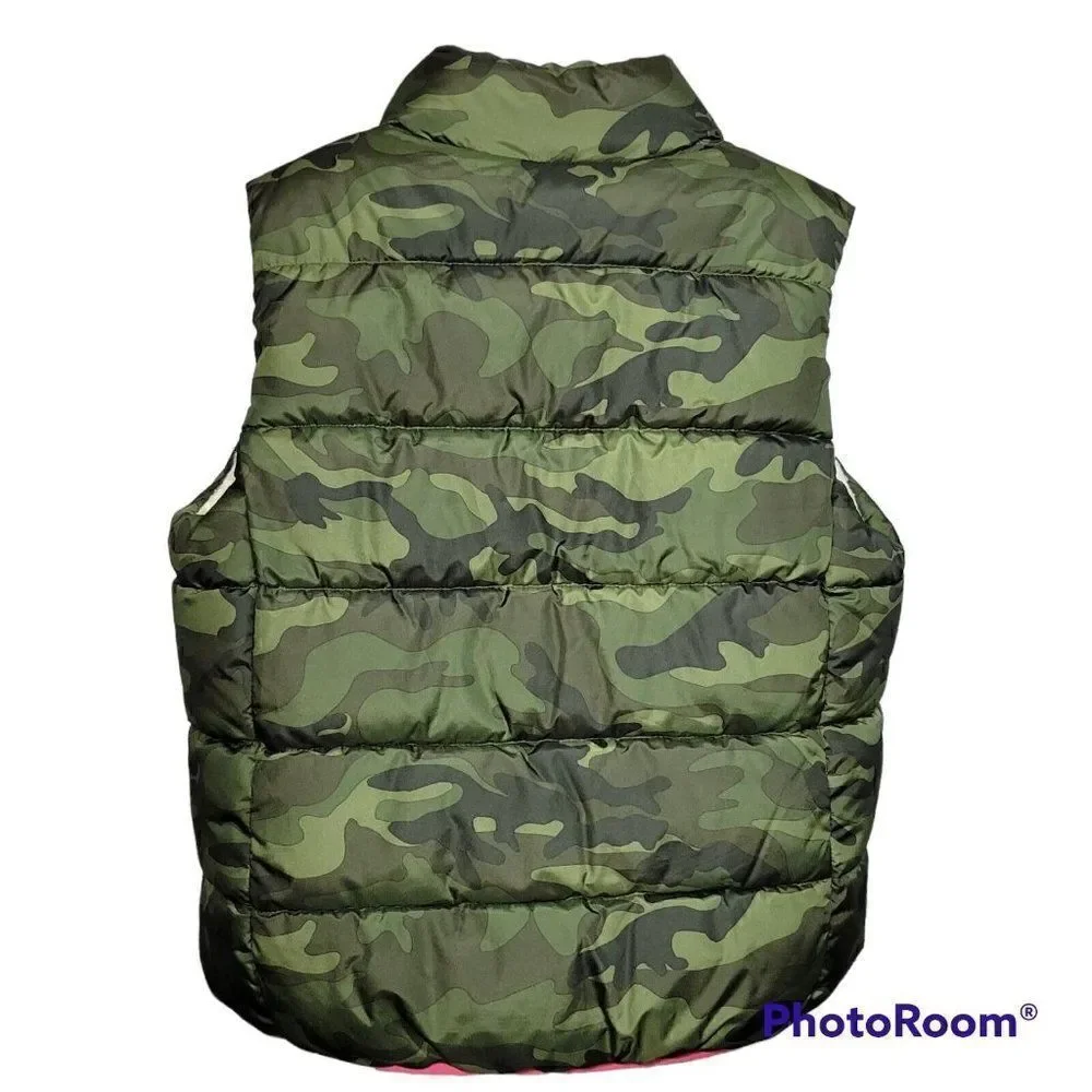 GAP Kids Puffer Vest Girls‎ Size Large Camo Print Green Pink Soft Sherpa Lined
